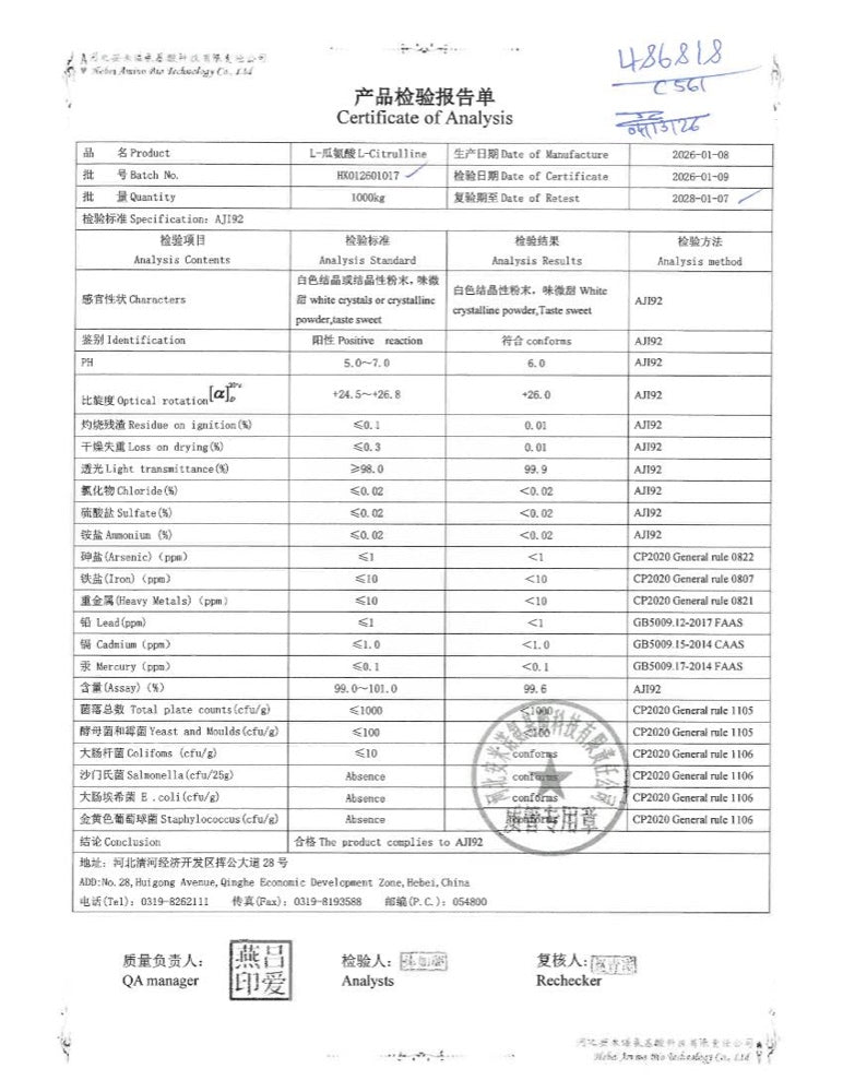 L-Citrulline Certificate of Analysis